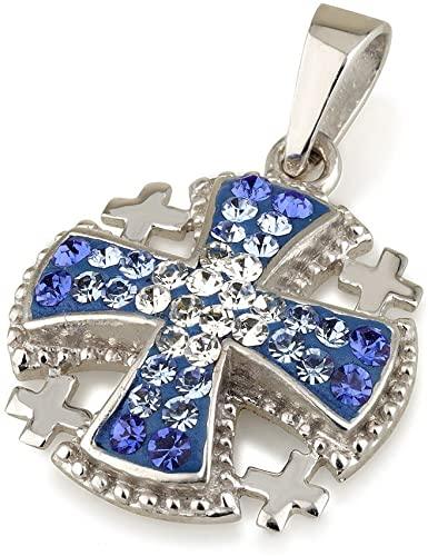 Jerusalem Cross Pendant Blue Gemstone Sterling Silver 925 - Spring Nahal