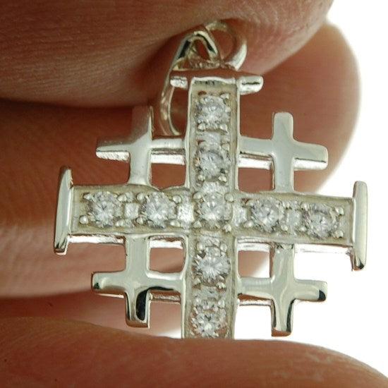 Jerusalem Cross Silver Pendant with White Gemstones + 925 Silver Necklace - Spring Nahal