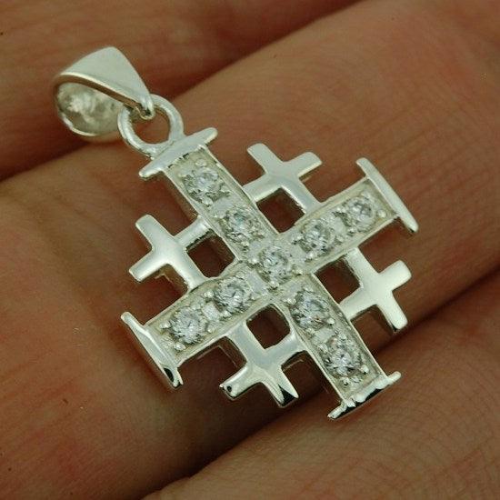 Jerusalem Cross Silver Pendant with White Gemstones + 925 Silver Necklace - Spring Nahal