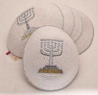 Lot of 5 x Embroidery Menorah Kippahs Hand Made From Jerusalem..