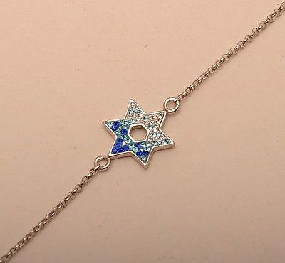 Magen David Hand Bracelet in Blue Swarovski Gemstone Silver 925 Hand Made.