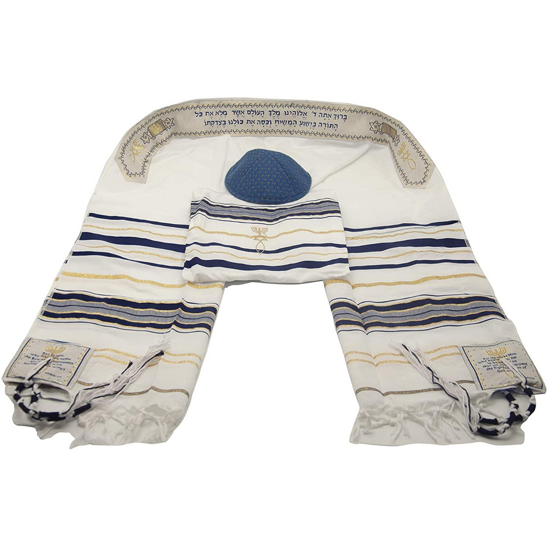 Messianic Tallit Prayer Shawl Covenant in English/Hebrew with Bag and Kippah