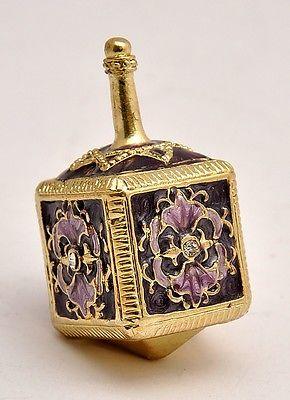 Metal Dreidel With Base in Purple Magen David Hand Made Enamel Painting - Spring Nahal