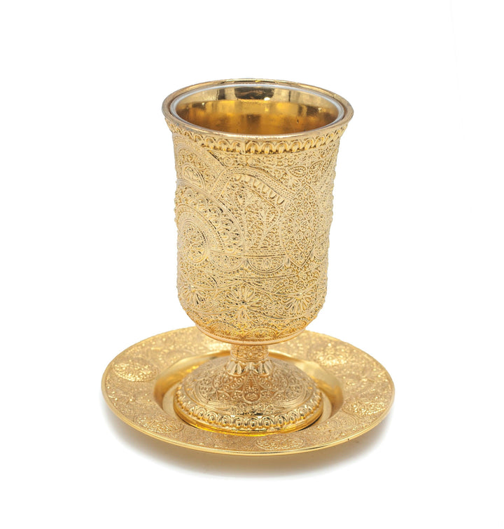 Shabbat Kiddush Cup in Gold Plated Jerusalem design - Spring Nahal