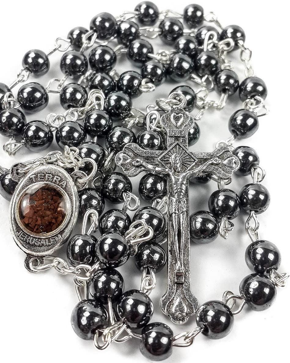 Spring Nahal Hematite Rosary Black Stone Beads Necklace With Jerusalem Holy Soil & Cross - Spring Nahal